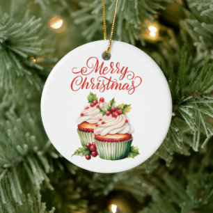 Holly Berry Christmas Cupcake Keramisch Ornament