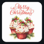Holly Berry Christmas Cupcake Vierkante Sticker<br><div class="desc">Rood en Groen Holly Berry Christmas Cupcake sticker label</div>