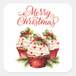 Holly Berry Christmas Cupcake Vierkante Sticker