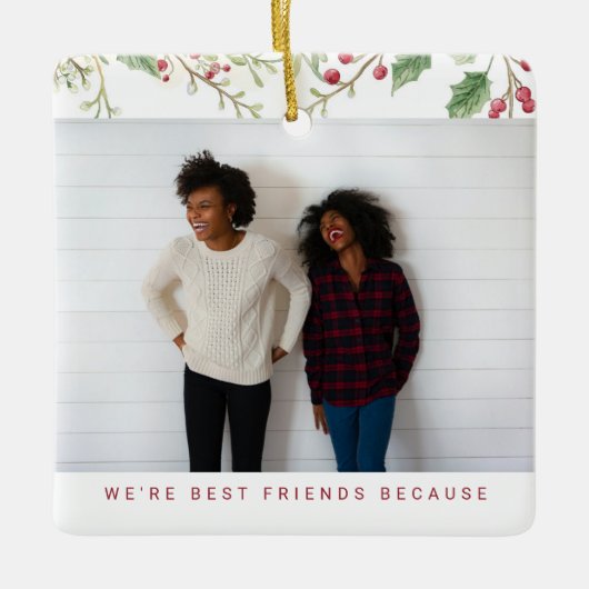 Holly Berry Christmas Holiday Best Friend 2 Photos Keramisch Ornament (Voorkant)
