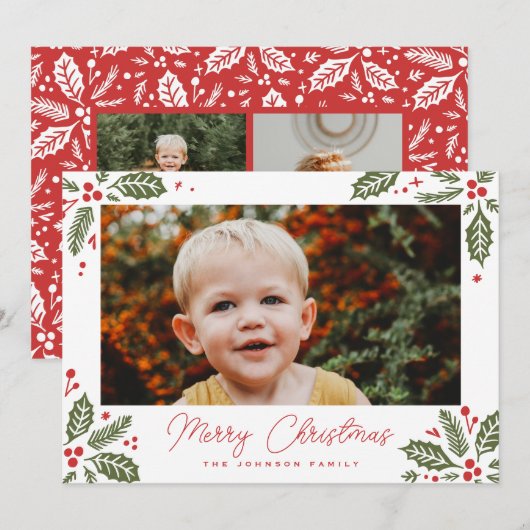 Holly Berry Corners Foto Feestdagenkaart (Voorkant / Achterkant)