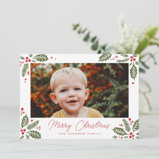 Holly Berry Corners Foto Feestdagenkaart (Staand voorkant)