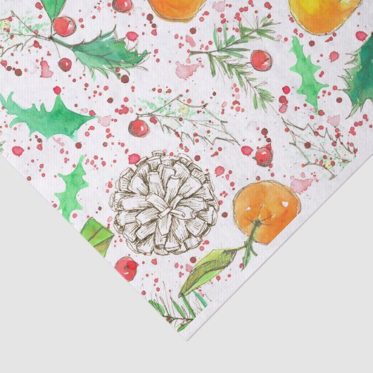 Holly Berry Cranberries Tangerine Waterverf Fruit Tissuepapier (Detail)