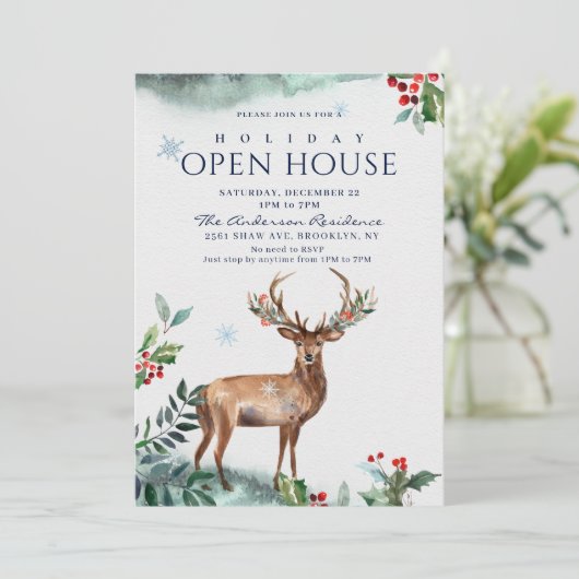 Holly Berry Deer Kerstfeestdag Open House Kaart (Staand voorkant)