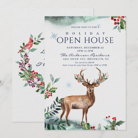 Holly Berry Deer Kerstfeestdag Open House Kaart (Voorkant / Achterkant)