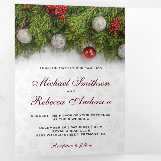 Holly Berry en Pine verlaat Kerstmis bruiloft Drieluik Uitnodiging (Binnenzijde eerst)