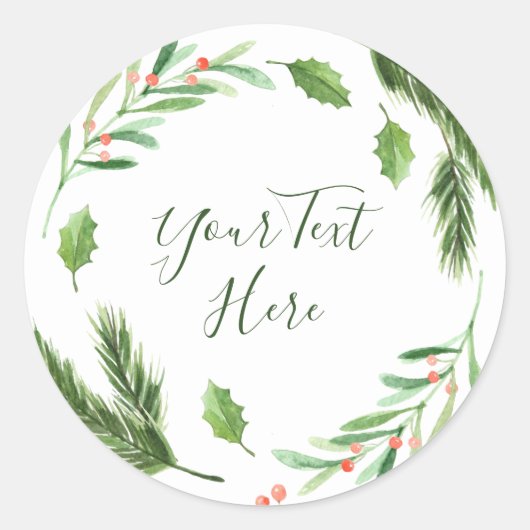Holly Berry Foliage Waterverf Kerstmis Custom Ronde Sticker (Voorkant)