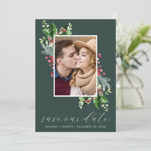 Holly Berry Foto de datum opslaan Feestdagenkaart (Staand voorkant)