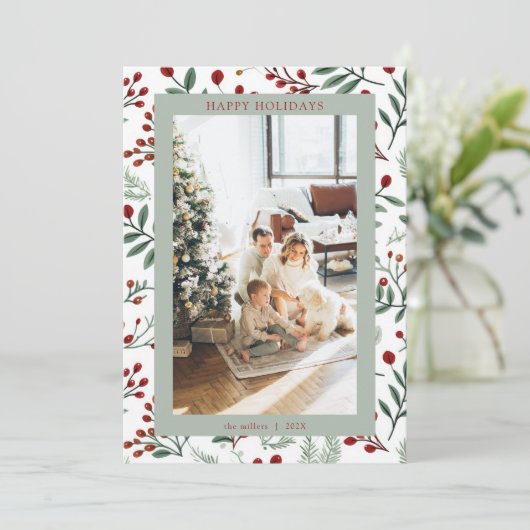 Holly Berry Foto Kerstvakantie Kaart (Staand voorkant)