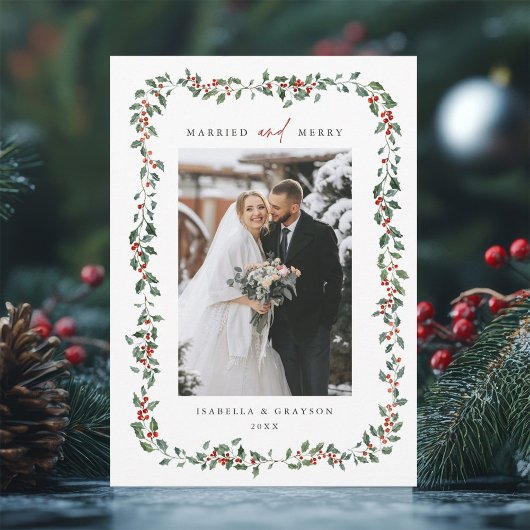 Holly Berry Frame Married & Merry Photo Feestdagenkaart