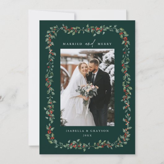 Holly Berry Frame Married & Merry Photo Green Feestdagenkaart (Voorkant)