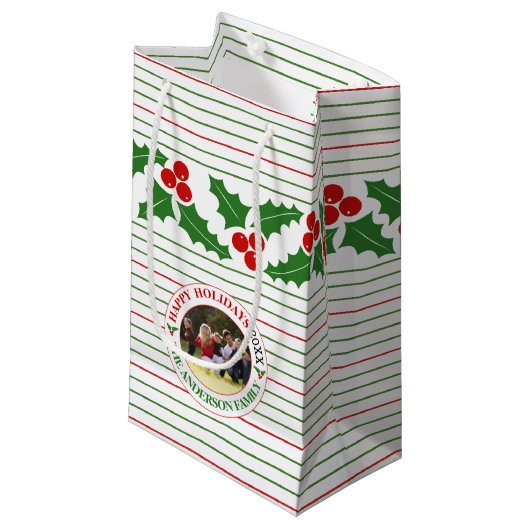 Holly berry garland red, groene strepen kerst klein cadeauzakje (Voorkant Gekanteld)