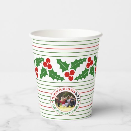 Holly berry garland red, groene strepen kerst papieren bekers (Achterkant)