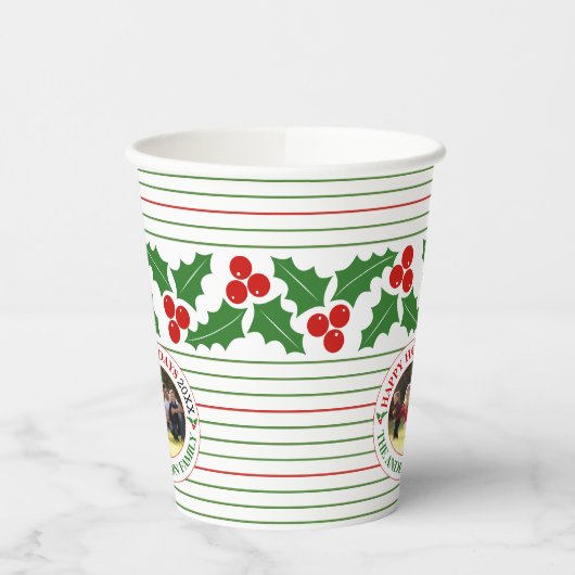 Holly berry garland red, groene strepen kerst papieren bekers (Links)