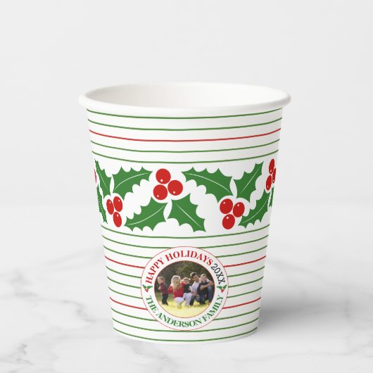Holly berry garland red, groene strepen kerst papieren bekers (Voorkant)