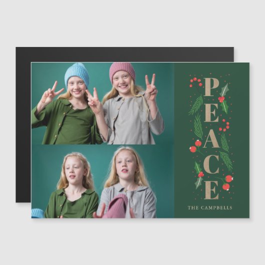 Holly Berry Gold Peace Photo Holiday Magnetic Card (Voorkant / Achterkant)