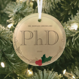 Holly Berry Gold PhD Afstuderen Name Glas Ornament