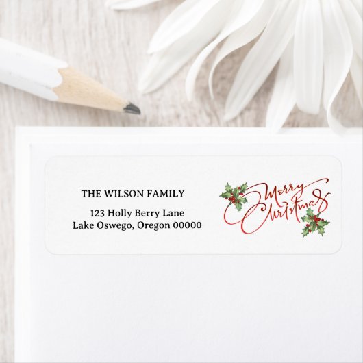 Holly Berry Gradient Red Script Merry Kerstry Etiket (Insitu)