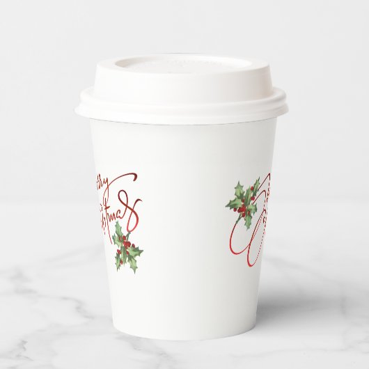 Holly Berry Gradient Red Script Merry Kerstry Papieren Bekers (Links)
