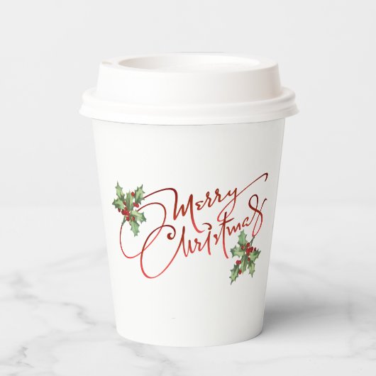 Holly Berry Gradient Red Script Merry Kerstry Papieren Bekers (Achterkant)