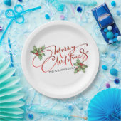 Holly Berry Gradient Red Script Merry Kerstry Papieren Bordje (Feest)