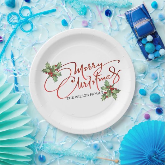 Holly Berry Gradient Red Script Merry Kerstry Papieren Bordje (Feest)