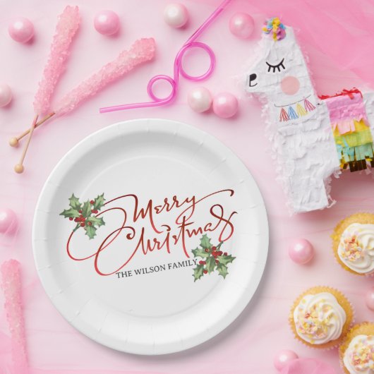 Holly Berry Gradient Red Script Merry Kerstry Papieren Bordje (Feest)