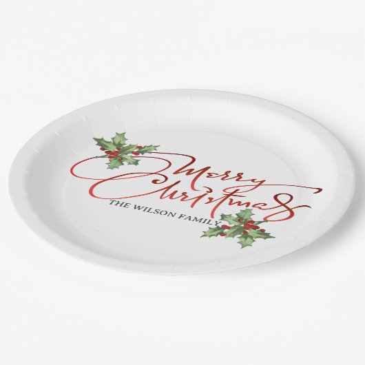 Holly Berry Gradient Red Script Merry Kerstry Papieren Bordje (Gekanteld)