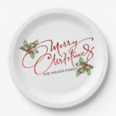 Holly Berry Gradient Red Script Merry Kerstry Papieren Bordje (Voorkant)