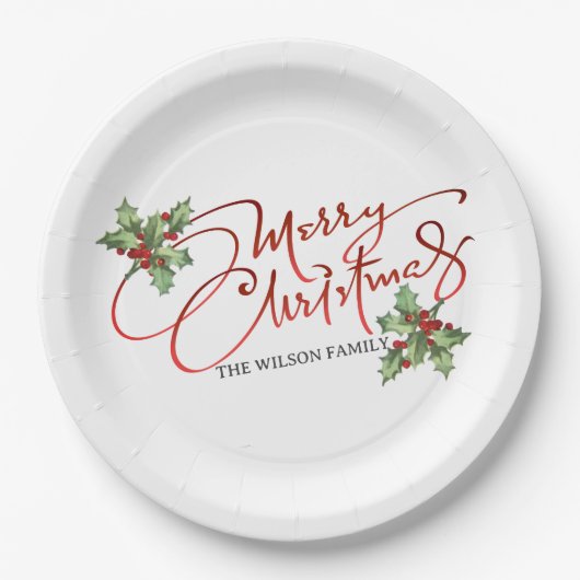 Holly Berry Gradient Red Script Merry Kerstry Papieren Bordje (Voorkant)