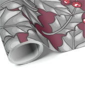 Holly berry, gray leaves on dark red cadeaupapier (Rol Hoek)