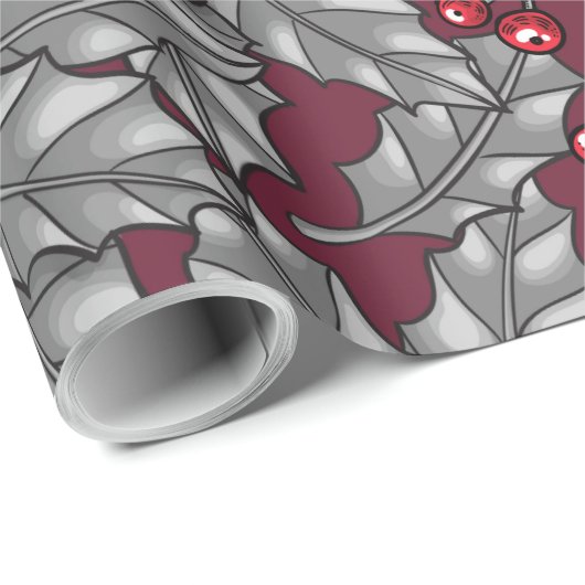 Holly berry, gray leaves on dark red cadeaupapier (Rol Hoek)