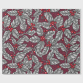 Holly berry, gray leaves on dark red cadeaupapier (Vlak)