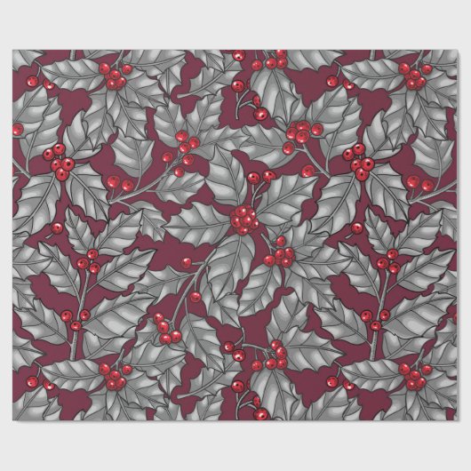 Holly berry, gray leaves on dark red cadeaupapier (Vlak)