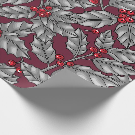Holly berry, gray leaves on dark red cadeaupapier (Hoek)