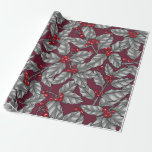 Holly berry, gray leaves on dark red cadeaupapier<br><div class="desc">Holly berry leaves and fruit hand drawn Christmas pattern</div>