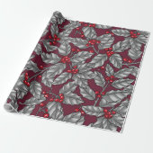 Holly berry, gray leaves on dark red cadeaupapier (Uitgerold)