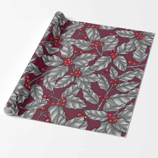 Holly berry, gray leaves on dark red cadeaupapier (Uitgerold)