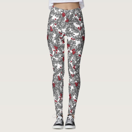 Holly berry, gray leaves on white leggings (Voorkant)