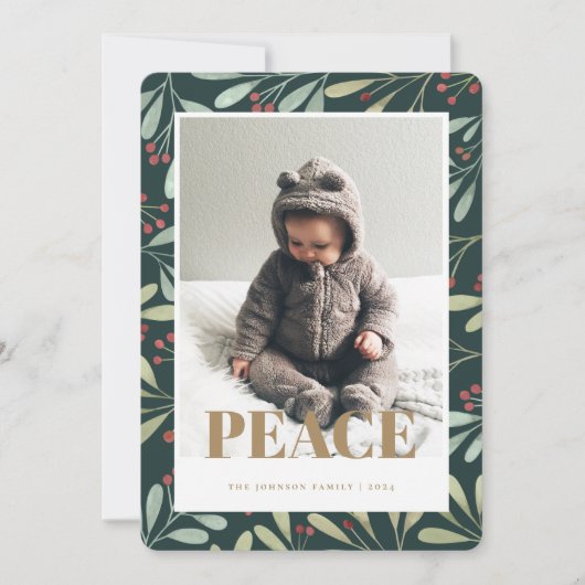 Holly Berry Green Gold Peace - kerstfotokaart Feestdagenkaart (Voorkant)