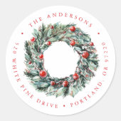 Holly Berry & Greenery Krans retouradres Ronde Sticker (Voorkant)