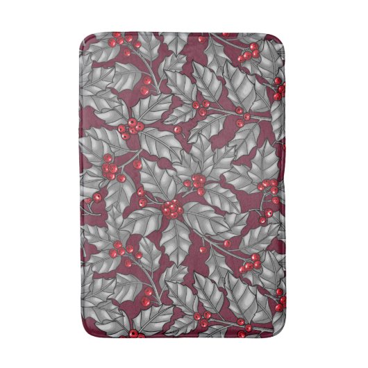 Holly berry, grijze bladeren op donkerrood badmat (Voorkant Verticaal)