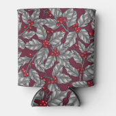 Holly berry, grijze bladeren op donkerrood blikjeskoeler (Voorkant)