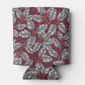 Holly berry, grijze bladeren op donkerrood blikjeskoeler (Achterkant)