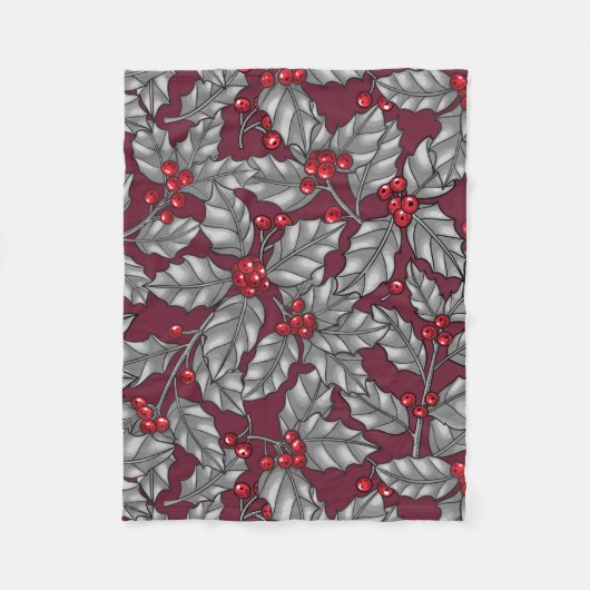 Holly berry, grijze bladeren op donkerrood fleece deken (Voorkant)