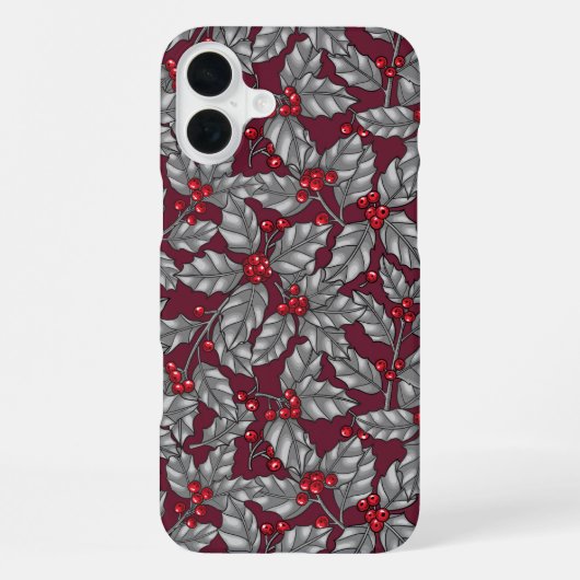 Holly berry, grijze bladeren op donkerrood iPhone hoesje (Achterkant)