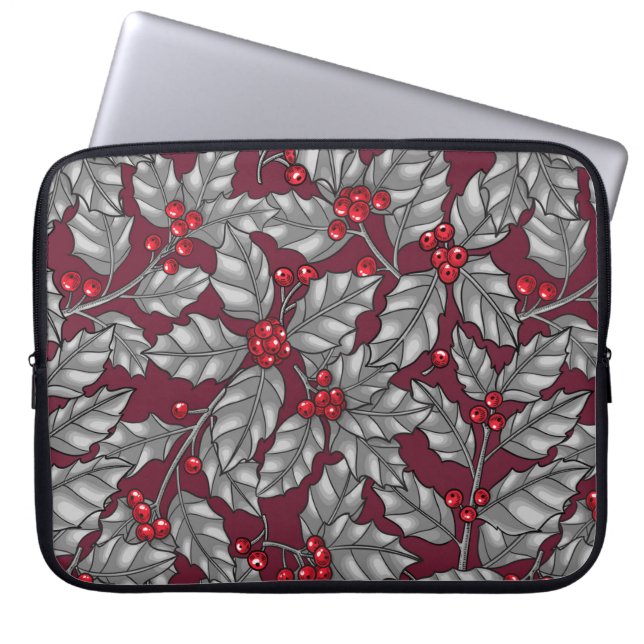 Holly berry, grijze bladeren op donkerrood laptop sleeve (Voorkant)