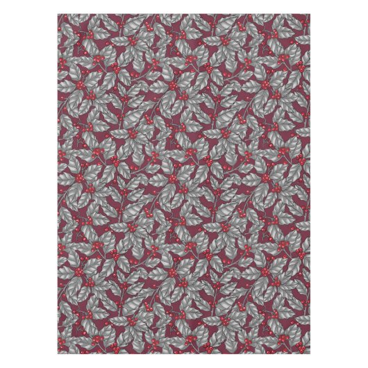 Holly berry, grijze bladeren op donkerrood tafelkleed (Voorkant)