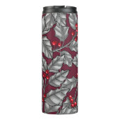 Holly berry, grijze bladeren op donkerrood thermosbeker (Achterkant)