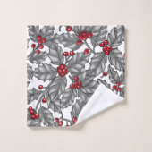 Holly berry, grijze bladeren op wit bad handdoek (Wasdoekje)